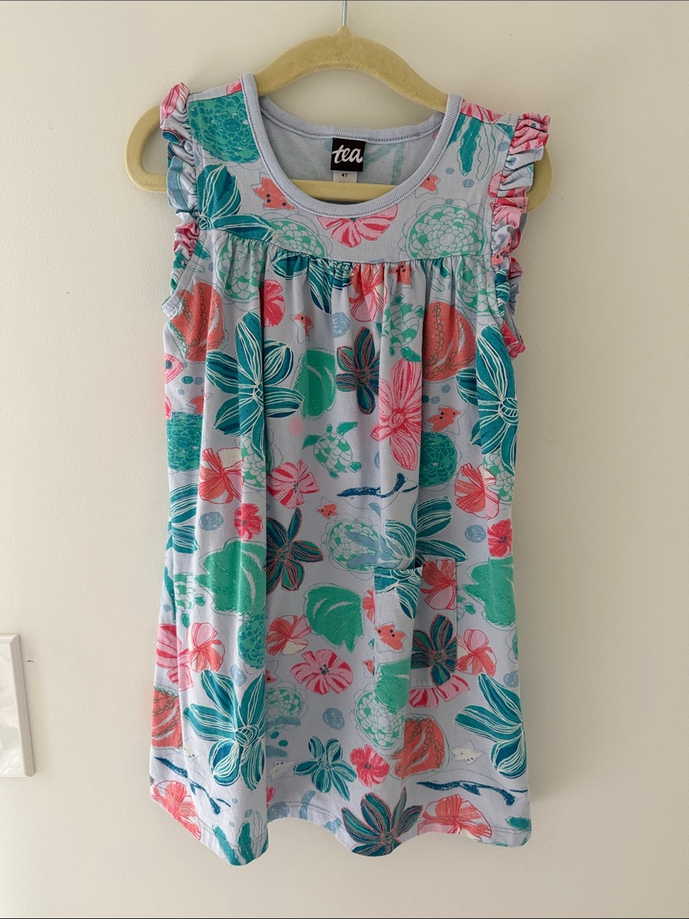 Tea Collection Light Blue Floral Ruffle Dress with Teal and Pink